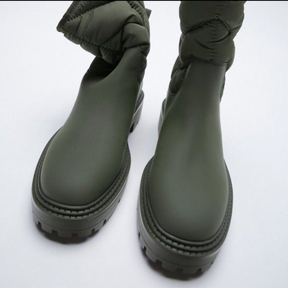 Zara Green Lug Sole Quilted Ankle Boots Women's 8 - Picture 2 of 5